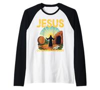 He is Risen Open Tomb Resurrection Jesus Conqured The Grave Raglan Baseball Tee