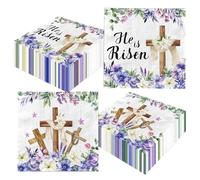He Is Risen Paper Napkins,48pcs Religious Easter Napkins Disposable Purple Floral Cross Christian Easter Napkins for Spring Themed Jesus Supplies