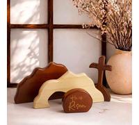 He is Risen Solid Natural Wood Easter Decor - Christian Resurrection Scene with Empty Tomb & Cross, Religious Easter Decorations for The Home, Church, Office, He is Risen Table Decor Gifts