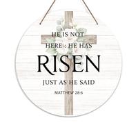 He Is Risen Welcome Door Sign, Easter Cross Wooden Sign Round Decorative Wall Plaque, Religious Welcome Sign for Front Door, Christian Farmhouse Porch Hanging Sign, Outdoor Spring Decoration -42