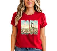 He is Risen Womens Tshirt Easter Christian Bible Verse Matthew 28:6 Floral Tee L (16-18) Red