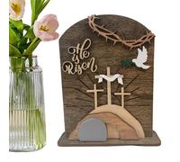 He Is Risen Wooden Decor - Christian Desk Sign Easter Message plaquee, Religious Table Ornament | Faith Inspired Home Office Church Shelf Centerpiece Rustic Wooden Display Easter Resurrection