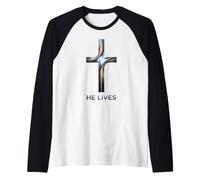 He Lives Christian Cross Raglan Baseball Tee