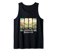 He Lives in Me Galatians 2 20 Christian Cross Sunset Tank Top