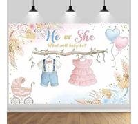 He or She Gender Reveal Backdrop Boho Floral What Will Baby Be Photography Background Cute Boy or Girl Clothes Baby Shower Banner Photo Booth Party Decor Supplies Polyester 3.6x6FT