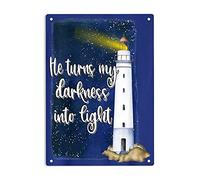 He Turns My Darkness into Light Signs Metal Tin Sign, Lighthouse Scripture Poster for Home/Office/Garages/Bedroom/Cafes Bars Pub/Man Cave Wall Decor Plaque Sign 12x8 Inch