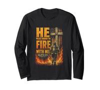 He Walks Through The Fire with-Me Christian Firefighter USA Long Sleeve T-Shirt