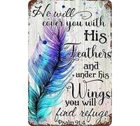 He Will Cover You with His Feathers and Under His Wings Vintage Metal Tin Sign Iron Art Poster Plaque for Home Club Bar Cafe 8x12inch