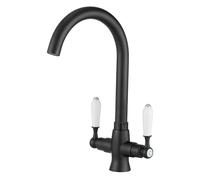 Heable Black Kitchen Sink Mixer Tap with White Ceramic Dual Lever Monobloc Kitchen Taps 1 Hole Elegant Swivel Mono Traditional Sink Faucet with Flexible Hoses