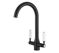 Heable Black Kitchen Sink Mixer Tap with White Ceramic Dual Lever Monobloc Victorian Style Kitchen Taps 1 Hole Elegant Swivel Mono Traditional Sink Faucet with Flexible Hoses