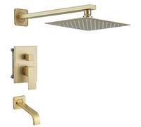 Heable Brushed Gold Shower Faucet Set with Tub Spout Bathroom Luxury Rain Mixer Shower Head System Wall Mounted Shower Faucet Complete Single Handle Tub and Shower Trim Kit with Rough Valve