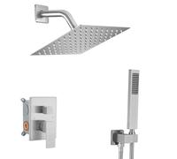 Heable Brushed Nickel Shower System with 8'' Rainfall Shower Head, Handheld Shower Head, Bathroom Luxury Rain Mixer Shower Combo Set Wall Mounted Shower Faucet Rough-in Valve and Trim Kit