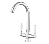 Heable Chrome Kitchen Sink Mixer Tap with White Ceramic Dual Lever Monobloc Victorian Style Kitchen Taps 1 Hole Elegant Swivel Mono Traditional Sink Faucet with Flexible Hoses