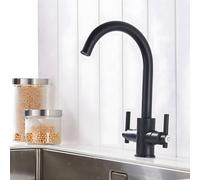 Heable Dual Lever Kitchen Sink Mixer Tap With Matte Black Finish And Uk Standard Brass Fittings