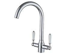 Heable Kitchen Mixer Tap White Ceramic Dual Lever Monobloc Swivel Spout Chrome Kitchen Sink Taps with UK Standard Fittings
