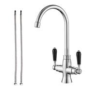 Heable Kitchen Sink Mixer Tap Elegant Black Ceramic Dual Lever Monobloc Swivel Spout Chrome Kitchen Taps with UK Standard Fittings