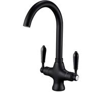 Heable Matte Black Kitchen Mixer Tap Black Ceramic Dual Lever Monobloc Swivel Spout Kitchen Sink Taps with UK Standard Fittings