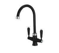 Heable Matte Black Kitchen Sink Mixer Tap Elegant Ceramic Dual Lever Monobloc Swivel Spout Kitchen Taps with UK Standard Fittings
