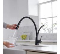 Heable Single Lever Kitchen Sink Mixer Tap With Pull Down Sprayer Matte Black Finish And Black Silicone Hose