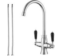Heable Sleek Kitchen Sink Mixer Tap Black Ceramic Dual Lever Swivel Spout Chrome Finish