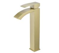 Heable Tall Bathroom Basin Mixer Taps Brushed Gold Mono 1 Hole Round Cloakroom Faucet with High Spout Modern Single Lever Washroom Faucets High Rise Bathroom Sink Tap with G1/2 Hoses