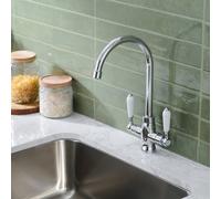 Heable White Ceramic Dual Lever Victorian Style Kitchen Sink Mixer Tap With Chrome Finish And Flexible Hoses