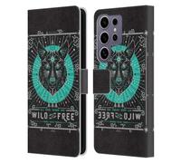 Head Case Designs Officially Licensed Cat Coquillette Turquoise Wolf Linear Leather Wallet Case Compatible with Samsung Galaxy S25 Ultra
