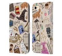 Head Case Designs Officially Licensed Harry Potter Hogwarts Pattern Deathly Hallows XXXVII Leather Book Wallet Case Cover Compatible With Apple iPhone 7/8 / SE 2020 & 2022