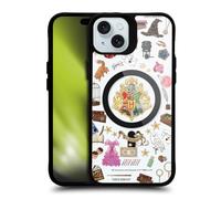 Head Case Designs Officially Licensed Harry Potter Hogwarts Pattern Magical Icons Black Shockproof Bumper Case [Military Grade] Compatible with Apple iPhone 15 Plus and Compatible with MagSafe