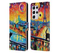 Head Case Designs Officially Licensed Michael David Ward Midnight Cat In Paris Psychedelic Art Leather Wallet Case Compatible With Samsung Galaxy S21 Ultra 5G