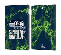Head Case Designs Officially Licensed NFL Seahawks Marble 2026 Super Bowl LX Leather Wallet Case Compatible With Apple iPad 10.2 2019/2020/2021