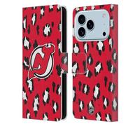 Head Case Designs Officially Licensed NHL Leopard Patten New Jersey Devils Leather Wallet Case Compatible With Apple iPhone 17 Pro