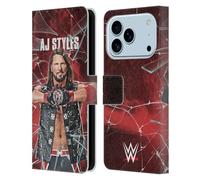 Head Case Designs Officially Licensed WWE Shattered Glass Aj Styles Leather Wallet Case Compatible With Apple iPhone 17 Pro