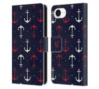 Head Case Designs Red And White Anchors Marine Patterns 1 Leather Wallet Case Compatible With Apple iPhone 16e
