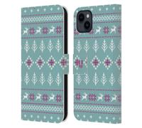 Head Case Designs Teal Blue Knitted Christmas Prints Leather Wallet Case Compatible With Apple iPhone 15 Plus