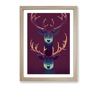 Head Of Two Stags Framed Print | A4 Oak Framed Wall Art | Ready to Hang | Modern Animal Picture | Living Room Bedroom Lounge Office