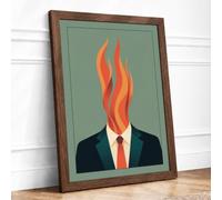 Head on Fire Surrealism Framed Wall Art Print A1 (84.1×59.4cm) Walnut, Wall Decor for Living Room, Bedroom, Office & Home, Ready to Hang, Art Gift