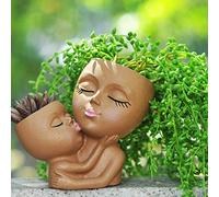 Head Planter Mother and Child Cute Face Planter Pots Head Resin Flower Pots for Indoor Plants with Drainage Hole (Black)