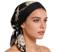 Head Scarf for Women, Black Silky-Like Pre-Tied Head Scarf with Black Chain Pattern Print, Chemo Headwear for Women Hair Loss, Alopecia, Cancer Patient, Hospital Comfort, Daily Wear