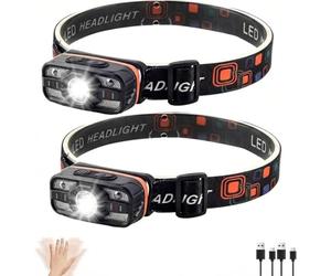 Head Torch Rechargeable, 2 Pack 1000 Lumens LED Super Bright Headtorch with Red Light, 6.5 Hour Battery Life 6 Modes Waterproof Lightweight Headlamp with Infrared Sensor for Emergency, Running, Hiking