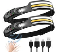 Head Torch Rechargeable, 2 Pack Intelligent Sensor Strong Light Headlight, 8 Light Modes COB LED Headlight, IPX4 Waterproof Headlamp with Sensor Control for Outdoor Running, Cycling, Night Fishing