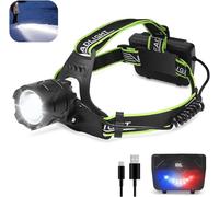 Head Torch Rechargeable LED Headlamp,Super Bright 200000 Lumens Zoomable Waterproof Headlight,Digital Power Display 90°Adjustablee with Red Rear Back Light Head Torch for Hunting Camping,Adventures
