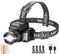 Head Torch Rechargeable, Super Bright 10000LM LED Headlamp with Motion Sensor, 3+3 Modes Headtorch with Red Blue Light, IP67 Waterproof & Zoomable Adjustable headlight for Camping Running Fishing