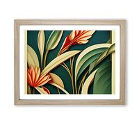 Head Turning Flowers Art Deco Green, Cream, Green Framed Wall Art Print - Ready to Hang Picture - Modern Art for Living Room Bedroom Kitchen Home - Oak A3 (36 x 48 cm)