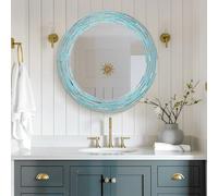 Head West 30"x30" Reeded Tiled Sea Glass Aqua Blue Vanity Mirror for Bathroom Wall, Mosaic Accent Round Vanity Bathroom Mirror for Over Sink, Bedroom, & Living Room