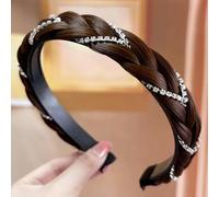 Headband 3 Strands Synthetic Hair Plaited Headband Braided Headband With Teeth Hair Band Hoop With Rhinestone Crystal Stretch Braid Headband Hairpiece Headdress for Women (Brown, Width 0.8 Inch)