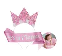 Headband Glitter Sash Set for Girl Birthday Decor, Flower Princess Crown Headband for Girl Outfit (It's My 7 Birthday)