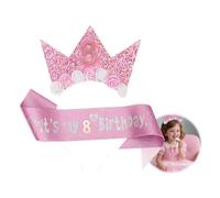 Headband Glitter Sash Set for Girl Birthday Decor, Flower Princess Crown Headband for Girl Outfit (It's My 8 Birthday)