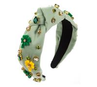 Headband Sandwich Satin Fabric Hand-Sewn Glass Diamond Floral Temperament Headband, Green