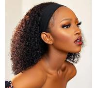 Headband Wig Human Hair for Black Women Afro Kinky Curly Human Hair Glueless Wig with Band Brazilian Virgin Wear and Go Curly Half Wig No Lace Front Afro Hair 10 Inch